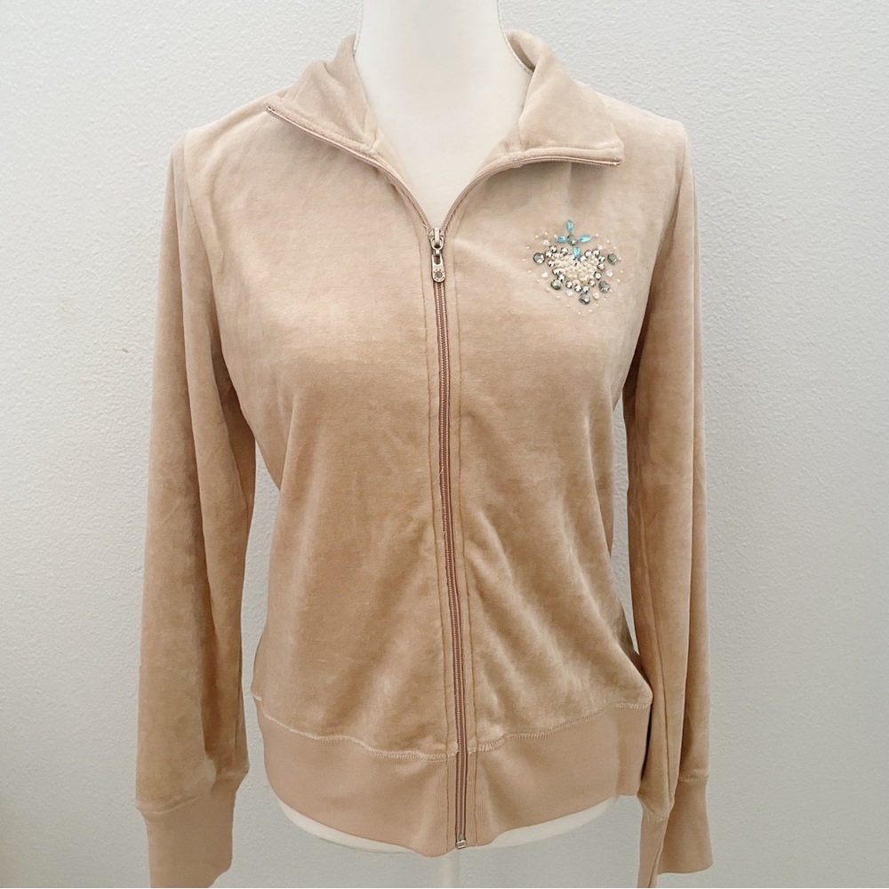 NWOT BCBGMAXAZRIA tan velour embellished track jacket size large - Picture 4 of 9